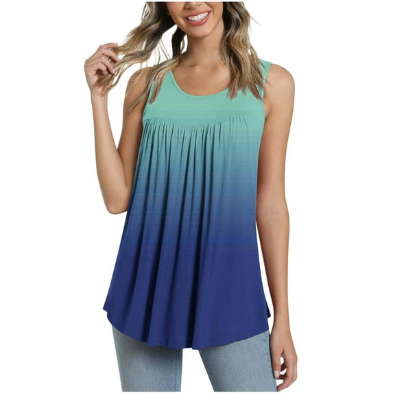 Summer Saving Wycnly Womens Tank Tops Gradient Round Neck Sleeveless Shirts Loose Flowy Pleated Swing Vest Tunic Blouse Dark Blue S Up to 65% off