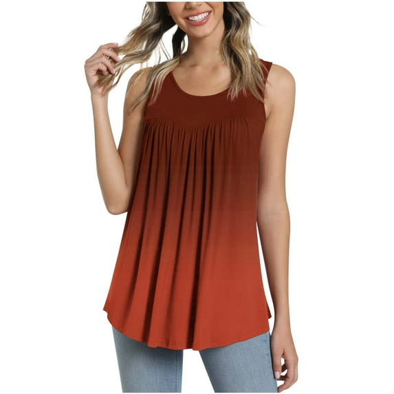 Summer Saving Wycnly Womens Tank Tops Gradient Round Neck Sleeveless Shirts Loose Flowy Pleated Swing Vest Tunic Blouse Orange M Up to 65% off