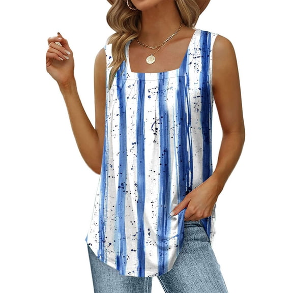 Summer Saving Wycnly Womens Tank Tops Lightweight Loose Pleated Swing Casual Tunic Vest Tops Summer Fashion Striped Print Square Neck Sleeveless Shirts Blouse Light Blue XL