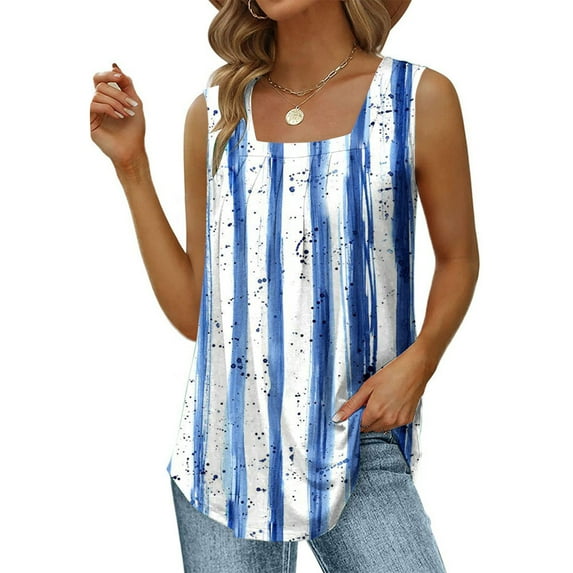 Summer Saving Wycnly Womens Tank Tops Lightweight Loose Pleated Swing Casual Tunic Vest Tops Summer Fashion Striped Print Square Neck Sleeveless Shirts Blouse Light Blue XL