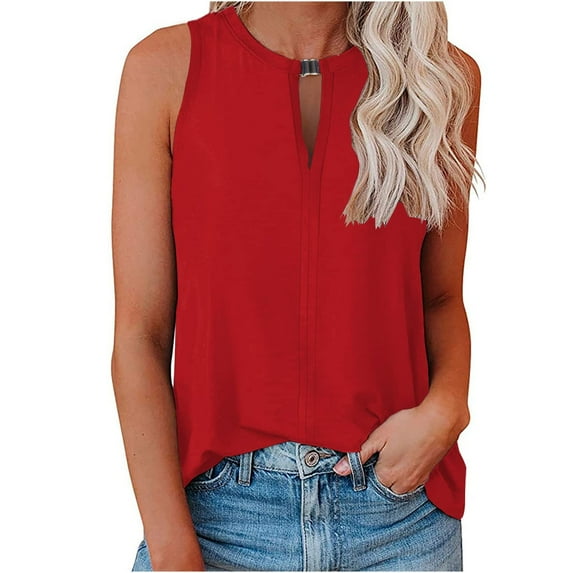 Summer Saving Wycnly Womens Tank Tops Solid Round Neck Sleeveless Shirts Comfy Loose Hollowed Racerback Tank Blouse Red XXL Up to 65% off