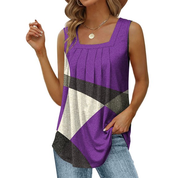 Summer Saving Wycnly Womens Tank Tops Trendy Loose Pleated Swing Breathable Tunic Tank Tops Summer Fashion Geometric Print Square Neck Sleeveless Shirts Blouse Purple m