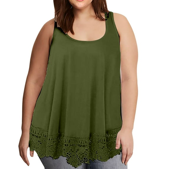 Summer Saving Wycnly Womens Tank Tops Vintage Lace Patchwork Plus Size Swing Tunic Vest Tops Summer Fashion Solid Square Neck Sleeveless Shirts Blouse Green XL