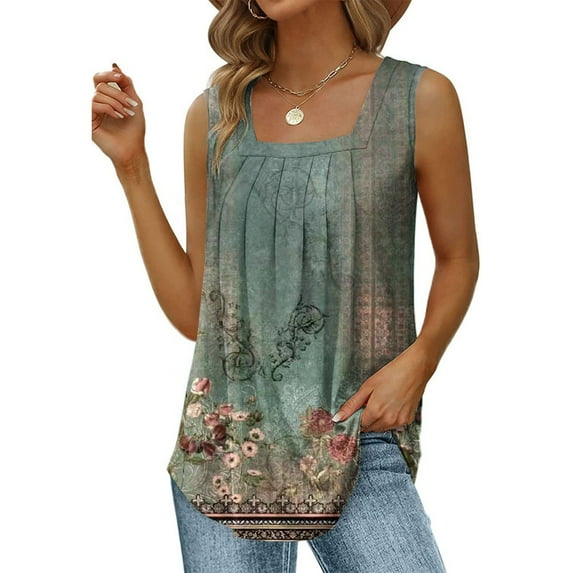 Summer Saving Wycnly Womens Tank Tops Vintage Loose Pleated Swing Hem Tunic Vest Tops Summer Fashion Ethnic Style Print Square Neck Sleeveless Shirts Blouse Green XXL