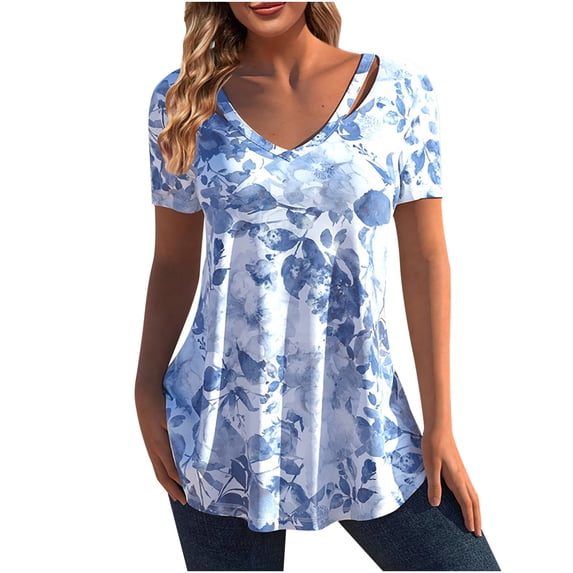 Summer Saving Wycnly Womens Tops Color Patchwork V-Neck Short Sleeve Tee Shirts Summer Sexy Hollowed Lightweight Pleated Swing Tunic Blouses Blue M Clearance Under $5