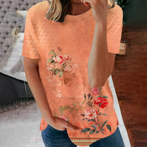 Wycnly Womens Tops Dressy Casual Breathable Comfy Loose Fit Ladies Vintage Pullover Tshirts Summer Short Sleeve Round Neck Tops Floral Print Blouse Orange m
