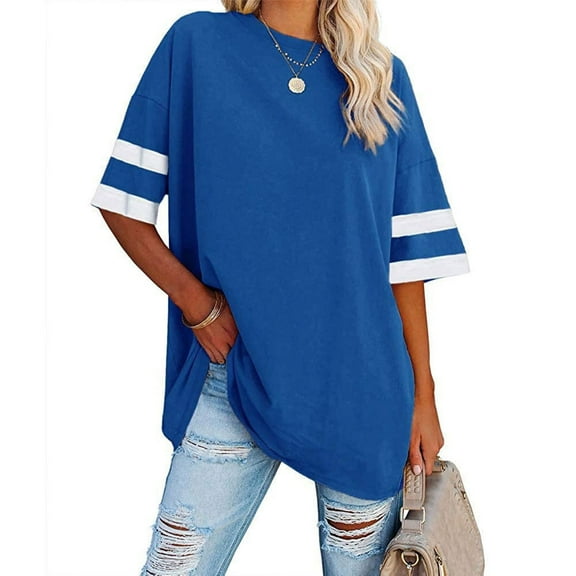 Wycnly Womens Tops Dressy Casual Casual Comfy Breathable Loose Fit Oversized Pullover Tshirts Summer Short Sleeve Round Neck Tops Striped Print Blouse Blue XL