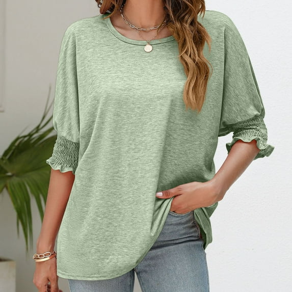 Summer Saving Wycnly Womens Tops Dressy Casual Comfy Breathable Loose Fit Lantern Sleeve Pullover Tshirts Summer Elbow-Length Round Neck Tops Solid Blouse Mint Green XL