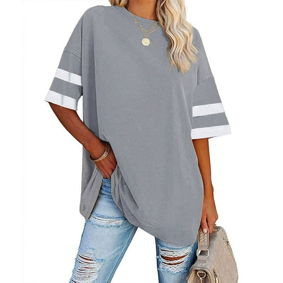 Summer Saving Wycnly Womens Tops Dressy Casual Fashion Breathable Comfy Loose Fit Oversized Workout Tshirt Summer Short Sleeve Crewneck Tops Striped Print Blouse Gray XXL