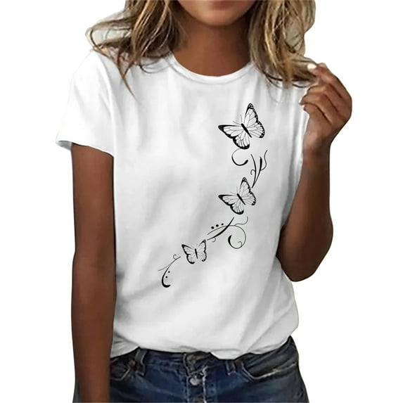 Summer Saving Wycnly Womens Tops Dressy Casual Fashion Comfy Breathable Loose Fit Pullover Tees Shirts Summer Short Sleeve Round Neck Tops Butterfly Print Blouse White m