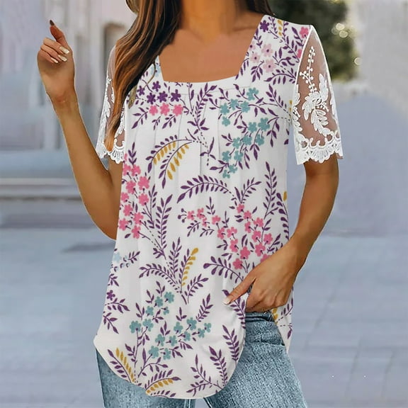Summer Saving Wycnly Womens Tops Dressy Casual Going out Elegant Lace Patchwork Loose Pleated Swing Tunic Tees Shirts Summer Short Sleeve Round Neck Tops Feather Print Blouse Pink XL