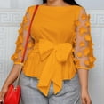 thumbnail image 1 of Summer Saving Wycnly Womens Tops Dressy Casual Going out Elegant Mesh Patchwork Plus Size Elastic Waist Tunic Shirts with Belt Summer 3/4 Sleeve Round Neck Tops Solid Blouse Yellow XXL, 1 of 4