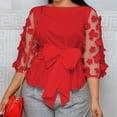 thumbnail image 1 of Summer Saving Wycnly Womens Tops Dressy Casual Going out Elegant Mesh Patchwork Plus Size Elastic Waist Tunic Shirts with Belt Summer 3/4 Sleeve Round Neck Tops Solid Blouse Red XL, 1 of 4