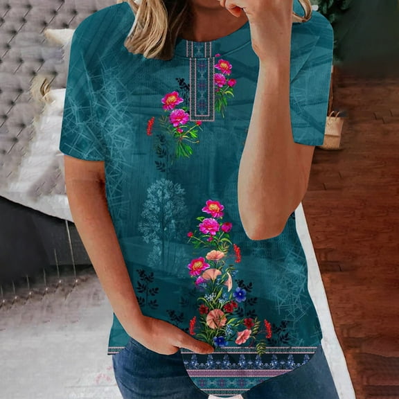 Summer Saving Wycnly Womens Tops Dressy Casual Going out Vintage Loose Fit Comfy Breathable Pullover Tees Shirts Summer Short Sleeve Round Neck Tops Floral Blouse Green s