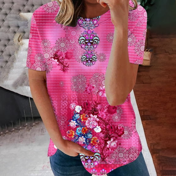Summer Saving Wycnly Womens Tops Dressy Casual Going out Vintage Loose Fit Comfy Breathable Pullover Tees Shirts Summer Short Sleeve Round Neck Tops Floral Blouse Hot Pink s