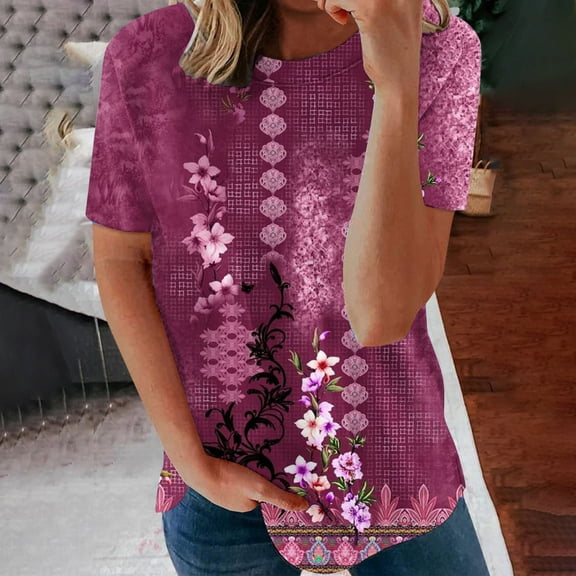 Summer Saving Wycnly Womens Tops Dressy Casual Going out Vintage Loose Fit Comfy Breathable Pullover Tees Shirts Summer Short Sleeve Round Neck Tops Floral Blouse Purple l