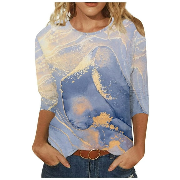 Summer Saving Wycnly Womens Tops Dressy Casual Loose Fit Breathable Lightweight Ladies Fashion Pullover Tees Shirts Summer 3/4 Sleeve Crewneck Tops Marbled Print Blouse Sky Blue m
