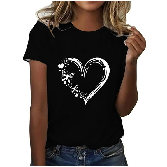Wycnly Womens Tops Dressy Casual Loose Fit Comfy Breathable Fashion Going out Pullover Tees Shirts Summer Short Sleeve Crewneck Tops Heart Print Blouse Black s
