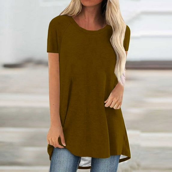 Summer Saving Wycnly Womens Tops Dressy Casual Loose Fit Comfy Breathable Ladies Mid-Length Tunic Shirts Summer Short Sleeve Crewneck Tops Solid Blouse Brown XL