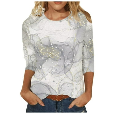 Summer Saving Wycnly Womens Tops Dressy Casual Loose Fit Comfy Lightweight Ladies Cute Pullover Tees Shirts Summer 3/4 Sleeve Crewneck Tops Marbled Print Blouse White l