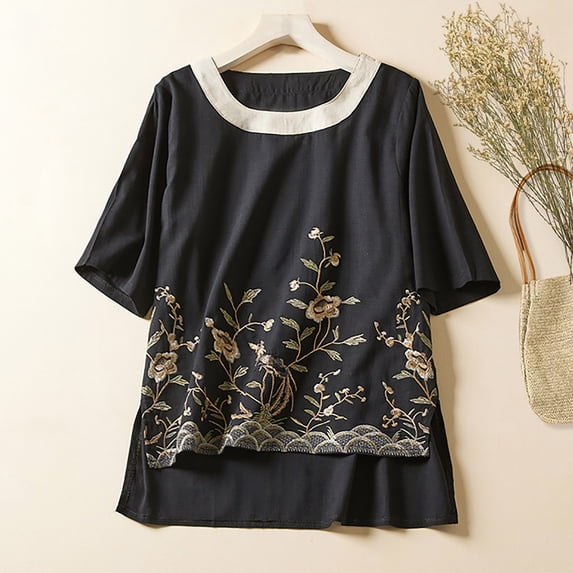 Summer Saving Wycnly Womens Tops Dressy Casual Loose Fit Irregular Side Slit Cotton Linen Fashion Pullover Shirts Summer Short Sleeve Round Neck Tops Leaves Print Blouse Black XL
