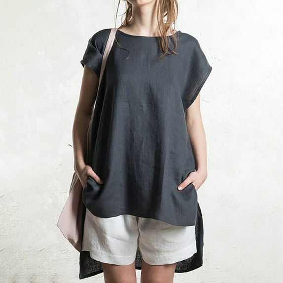 Summer Saving Wycnly Womens Tops Dressy Casual Plus Size Comfy Cotton Linen Irregular Hem Pullover Shirts with Pocket Summer Short Sleeve Round Neck Tops Solid Blouse Black m