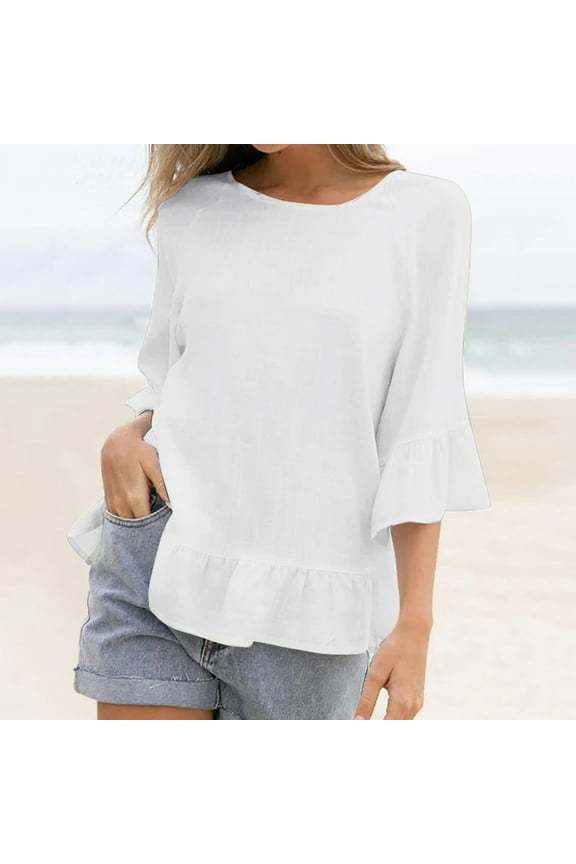 Summer Saving Wycnly Womens Tops Dressy Casual Plus Size Lightweight Cotton Linen Flowy Ruffle Hem Tees Shirts Summer Elbow-Length Round Neck Tops Solid Blouse White XXXXL