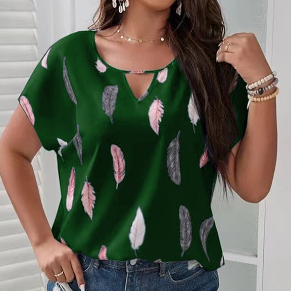 Summer Saving Wycnly Womens Tops Dressy Casual Plus Size Loose Fit Comfy Lightweight Fashion Keyhole Tees Shirts Summer Short Sleeve Round Neck Tops Feather Print Blouse Green XXL