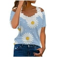thumbnail image 1 of Summer Saving Wycnly Womens Tops Dressy Casual Short Sleeve V-Neck Daisy Print Summer Shirts Sexy Lace Trim Cold Shoulder Strap Tunic Blouse Light Blue M Clothes, 1 of 5