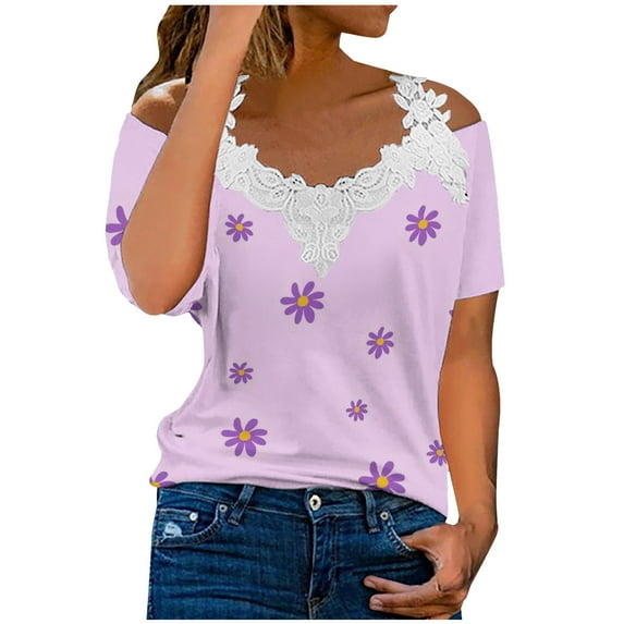 Summer Saving Wycnly Womens Tops Dressy Casual Short Sleeve V-Neck Daisy Print Summer Shirts Sexy Lace Trim Cold Shoulder Strap Tunic Blouse Purple XXL Clothes