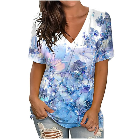 Summer Saving Wycnly Womens Tops Dressy Casual Short Sleeve V-Neck Floral Summer Shirts Comfy Breathable Loose Fit Casual Tshirt Blouse Blue M Clothes