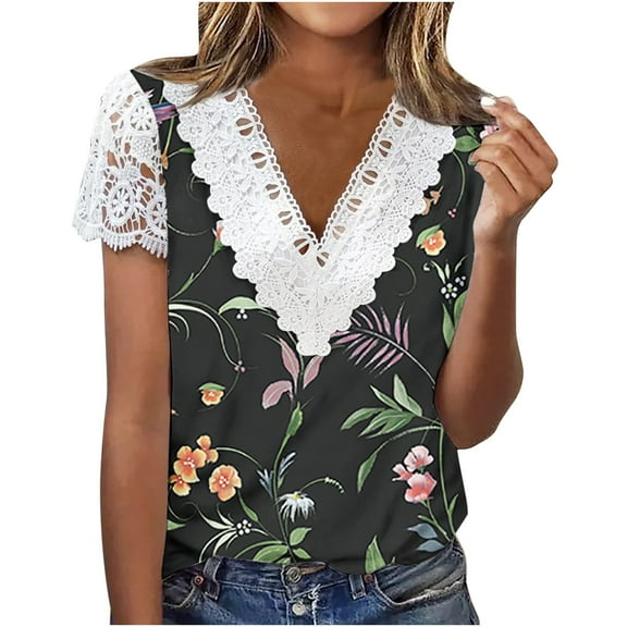 Summer Saving Wycnly Womens Tops Dressy Casual Short Sleeve V-Neck Floral Summer Shirts Sexy Lace Patchwork Lightweight Loose Pullover Blouse Multicolor XL Clothes