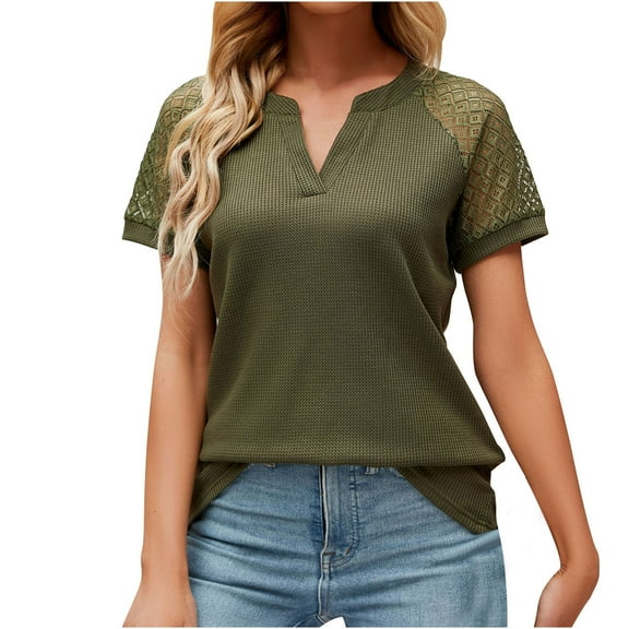 Summer Saving Wycnly Womens Tops Dressy Casual Short Sleeve V-Neck Solid Summer Shirts Sexy Lace Trim Soft Knitted Waffle Tunic Blouse Army Green L Clothes