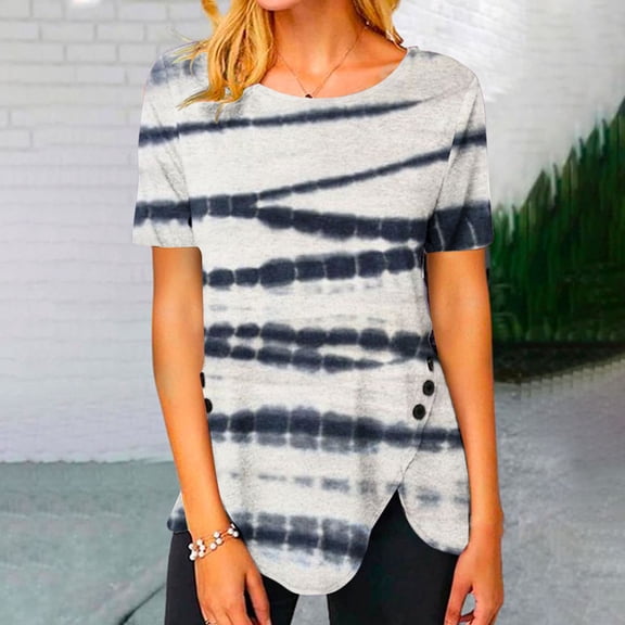 Wycnly Womens Tops Dressy Casual Vintage Striped Irregular Button Hem Breathable Comfy Tunic Shirts Summer Short Sleeve Crewneck Tops Floral Print Blouse Navy l