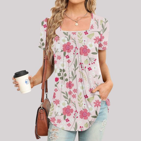 Summer Saving Wycnly Womens Tops Floral Print Short Sleeve Square Neck Tee Shirts Summer Flowy Pleated Swing Lightweight Tunic Blouse Pink XXL Up to 65% off