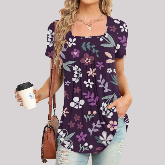 Summer Saving Wycnly Womens Tops Floral Print Short Sleeve Square Neck Tee Shirts Summer Flowy Pleated Swing Lightweight Tunic Blouse Purple S Up to 65% off