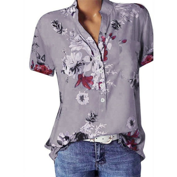Summer Saving Wycnly Womens Tops Floral Short Sleeve V-Neck Tee Shirts Summer Casual Stand Neck Button Down Tunic Blouse with Pocket Gray L Clearance Clothes