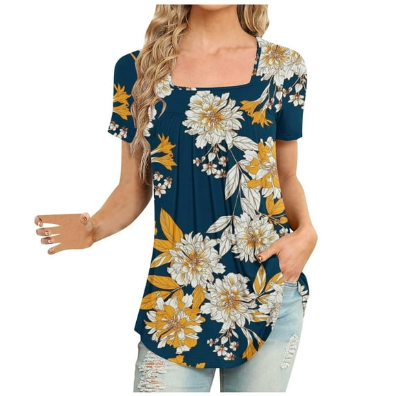 Summer Saving Wycnly Womens Summer Tops Short Sleeve Square Neck Floral Print Shirts Lightweight Comfy Flowy Pleated Swing Tunic Blouse Navy S Up to 65% off