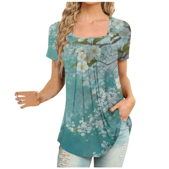 Summer Saving Wycnly Womens Summer Tops Short Sleeve Square Neck Plants Print Shirts Lightweight Comfy Flowy Pleated Swing Tunic Blouse Light Blue M Up to 65% off