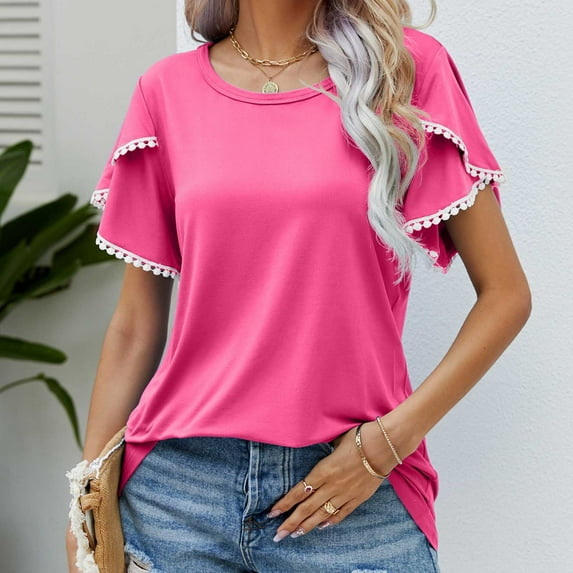 Summer Saving Wycnly Womens Tops Solid Short Sleeve Round Neck Tee Shirts Summer Lace Trim Petal Sleeve Loose Casual Tunic Blouses Hot Pink S Up to 65% off