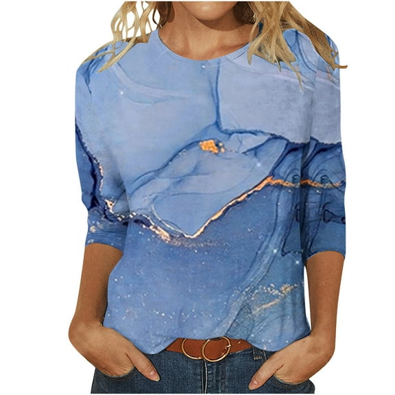 Summer Saving Wycnly Womens Tops Summer 3/4 Sleeve Round Neck Marbled Print Tee Shirts Casual Ladies Loose Comfy Breathable Pullover Blouses Blue m Under $5