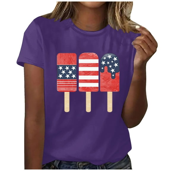 Summer Saving Wycnly Womens Tops Summer Short Sleeve Crewneck US Flag Print Tee Shirts 4th July Independence Day Casual Loose Fit Pullover Blouses Purple xl Under $5