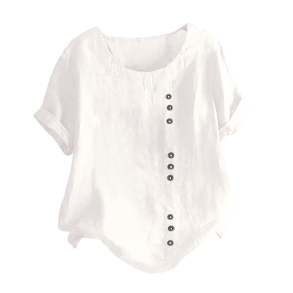 Usmixi Womens Tops Dressy Casual Summer Round Neck Plain Tees Plain Shirts Plus Size Casual Solid Button Down Cotton Linen Blouses White s Clearance Under $5