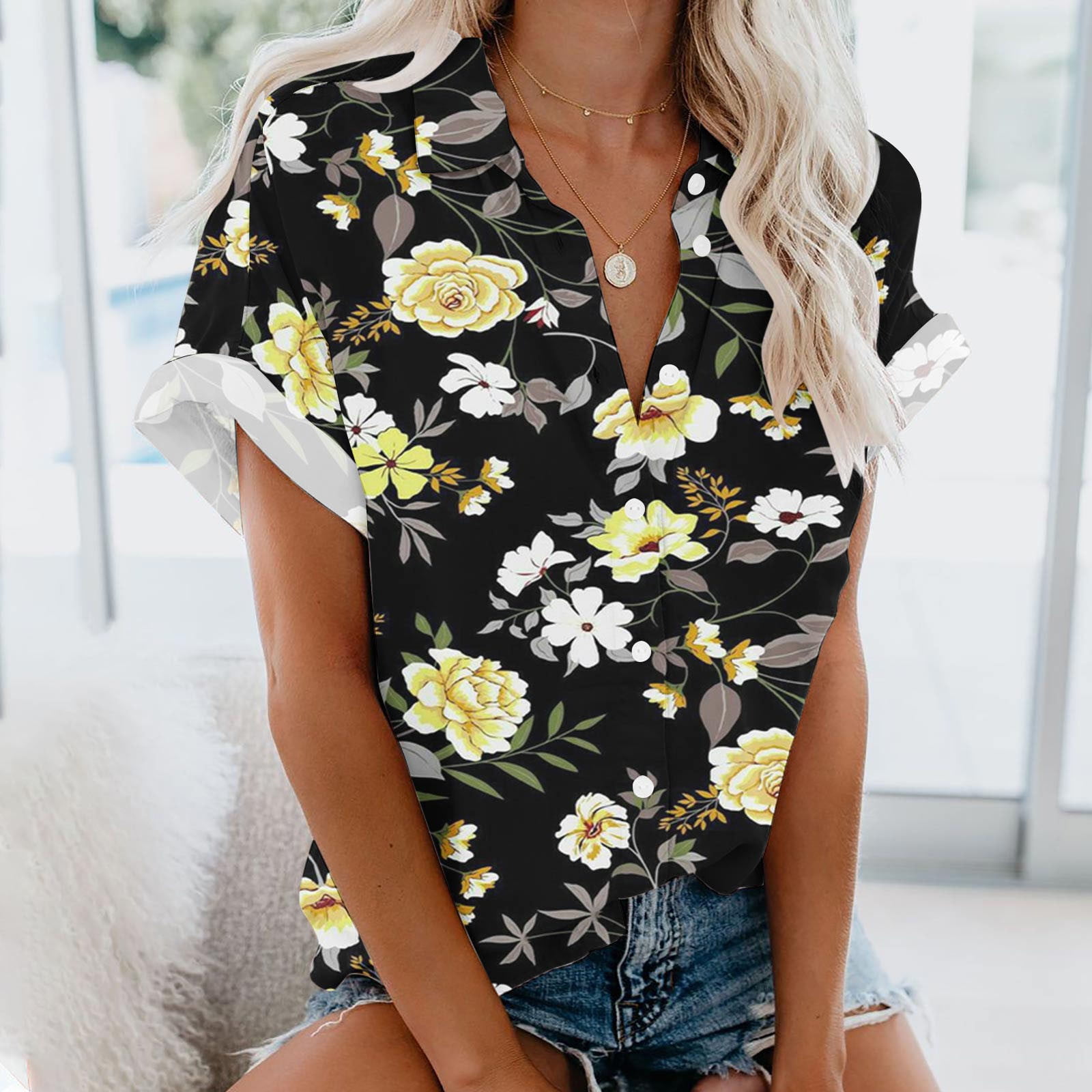 Wycnly Womens Tops Sunflower Print Short Sleeve V-Neck Tee Shirts Summer  Lightweight Plus Size Lapel Button Cardigan Blouses Yellow M Clearance  Clothes 