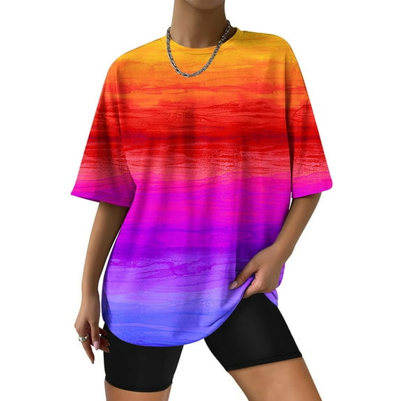 Summer Saving Wycnly Womens Tops Tie-Dye Short Sleeve Round Neck Tee Shirts Summer Casual Loose Drop Shoulder Oversized Shirts Blouse Red L Up to 65% off