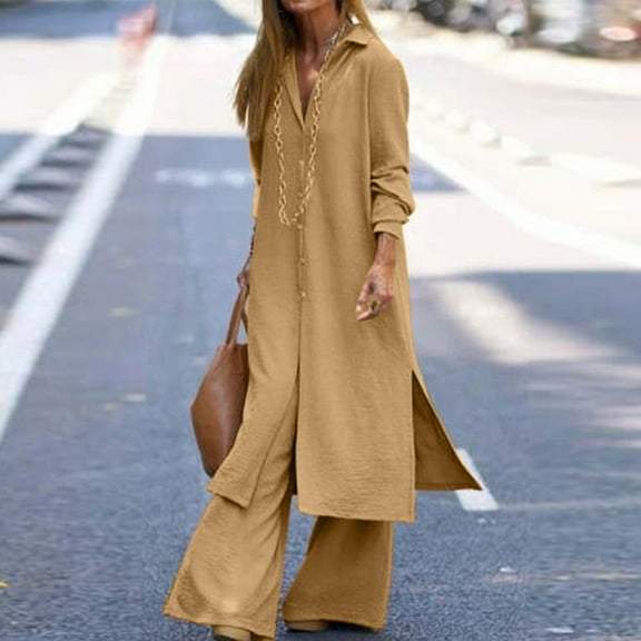 Summer Saving Wycnly Womens Two Piece Outfits Fall Winter Casual Plus Size Matching Sets Button Down Loose Long Shirts Coat Wide Leg Pants Lounge Sets under $5