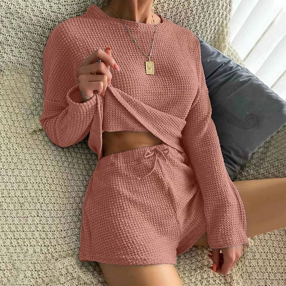 Summer Saving Wycnly Womens Two Piece Outfits Winter Cozy Knitted Ribbed Lounge Sets Casual Solid Long Sleeve Pullover Drawstring Shorts Homewear Pajamas Sets Clearance under $5