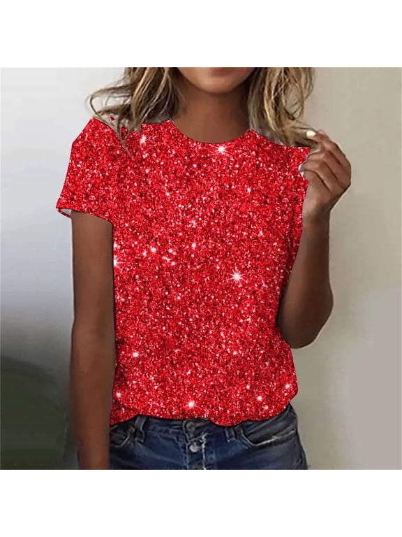 Summer YANHAIGONG Plus Size Sequin Tops,Plus Size Spring Glitter Tops,Women's Glitter Sparkling Crystal Printed Tops ,Summer Womens Sparkly Tops Short Sleeves Round Neck Sparkly Shirt Blouse