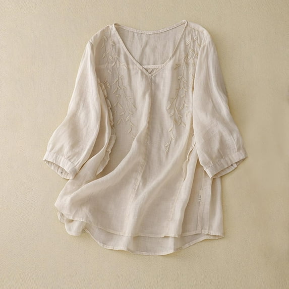 Summer YANHAIGONG Womens Cotton Linen Boho Tunics,Cotton Linen Floral Shirts For Women Button Down,Casual Loose Women's Linen Embroidery Blouse V-Neck Tunic Elbow Sleeve Shirts Tops