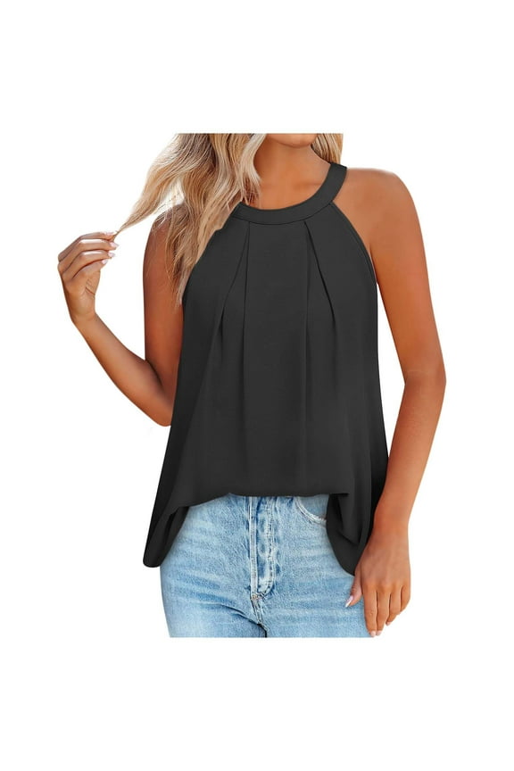 Summer Saving! Yievot Oversized Tank Top For Women Loose Fit High Neck Sleeveless Halter Tops Casual Pleated Summer Flowy Women's Cami Shirts Blouse Clothing Black XXL